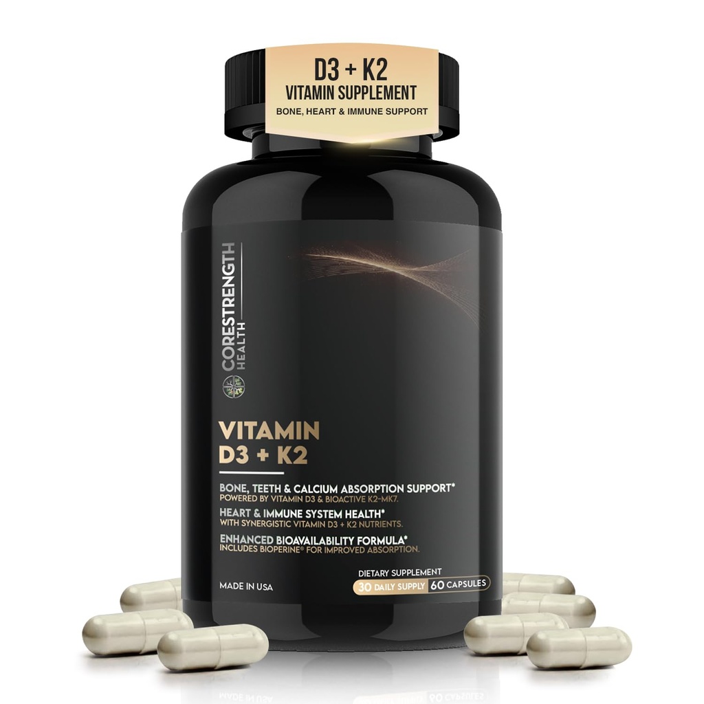 Vitamin D3 5000 IU with Vitamin K2 MK7 | Supports Calcium Absorption & Bone Health | Immune Support* | High Potency D3 + K2 Formula | 60 Capsules | Made in USA | CoreStrength Health