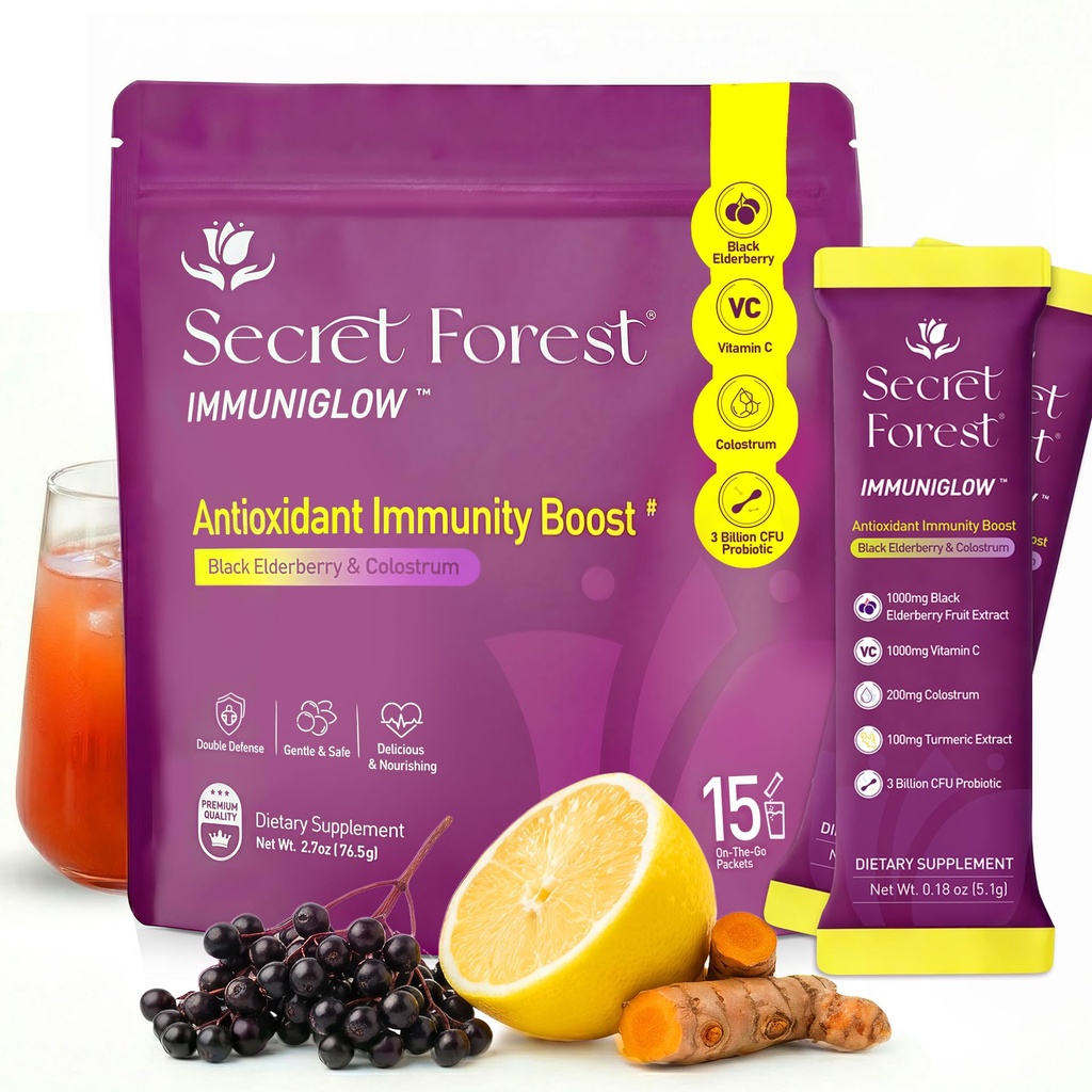 Secret Forest ImmuniGlow, 1000mg Vitamin C, 1000mg Black Elderberry, Probiotics, Colostrum, Turmeric & Zinc – Antioxidant & Recovery Formula, Daily Immunity & Gut Support Drink Mix (15 Packets)