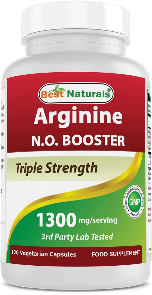 Best Naturals L-Arginine NO Booster Triple Strength 1300 mg Serveer 120 Veg Capsules - Gemaakt met L-Arginine, AAKG, L-Citrulline, Beet poeder