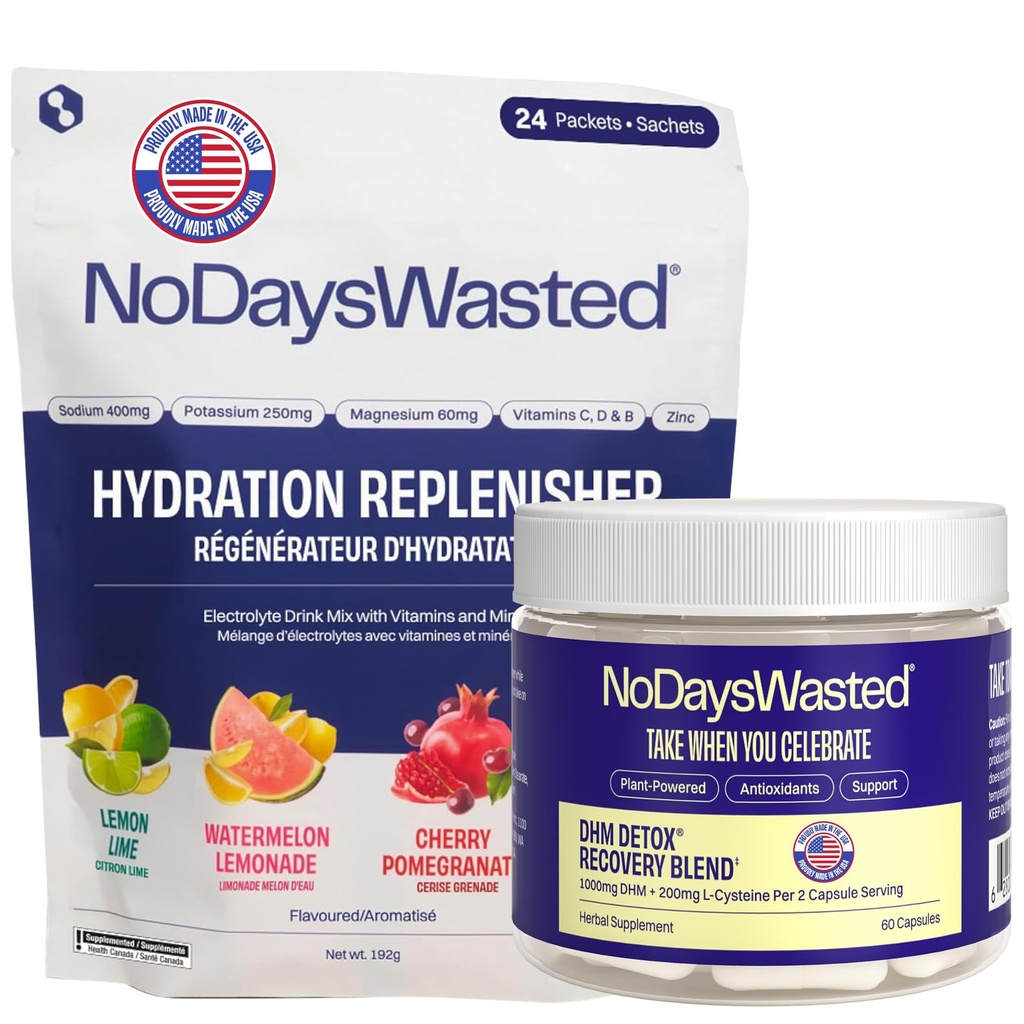 No Days Wasted DHM Detox 30 Servings (60 Capsules) - Dihydromyricetin (DHM Supplement) with Hydration Replenisher Electrolyte Replacement Stick Packets