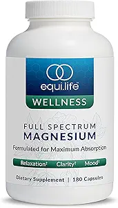 Equilife Full Spectrum Magnesium Supplement, Magnesium Glycinate, Citrate, & Malate, Bio available Mineral Blend, Dairy, Soy, & Gluten Free, Vegan, Non GMO, 180 Capsules