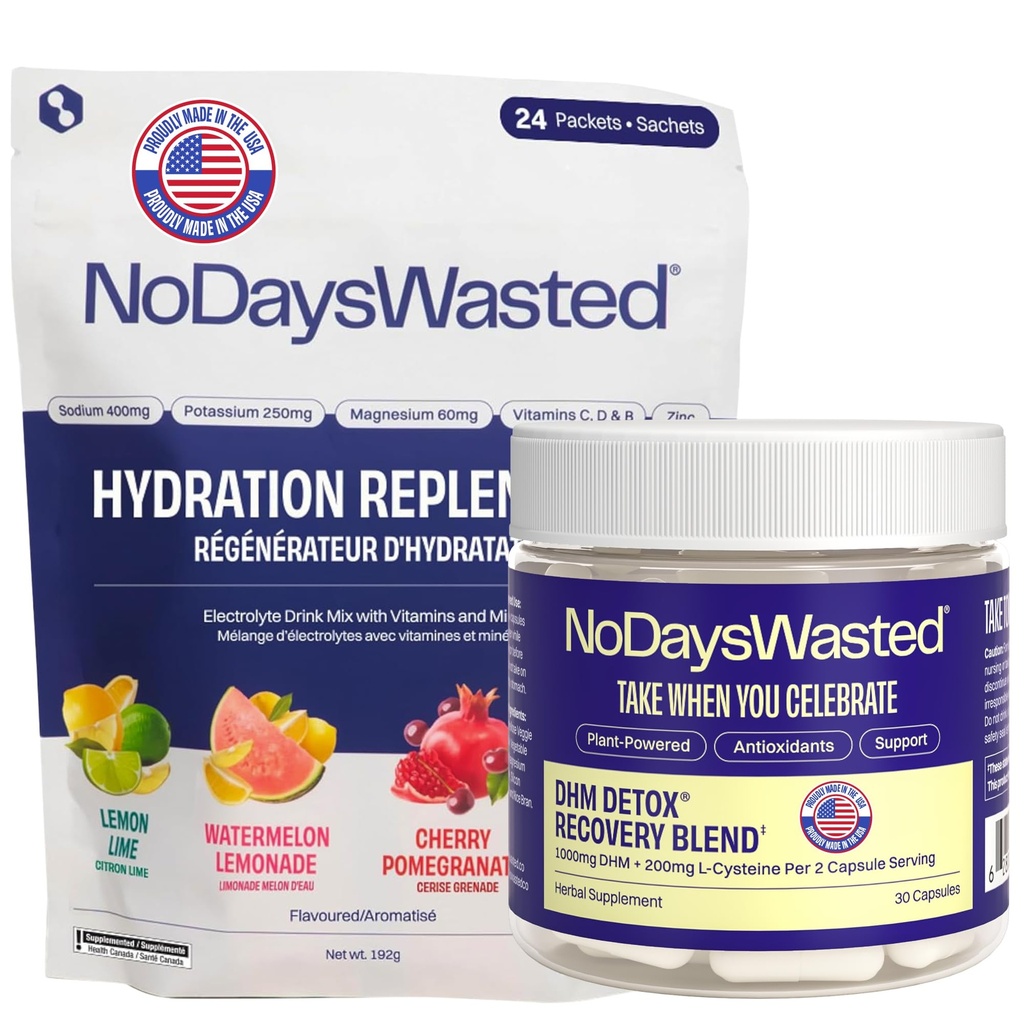 No Days Wasted DHM Detox 15 Servings (30 Capsules) - Dihydromyricetin (DHM Supplement) with Hydration Replenisher Electrolyte Replacement Stick Packets