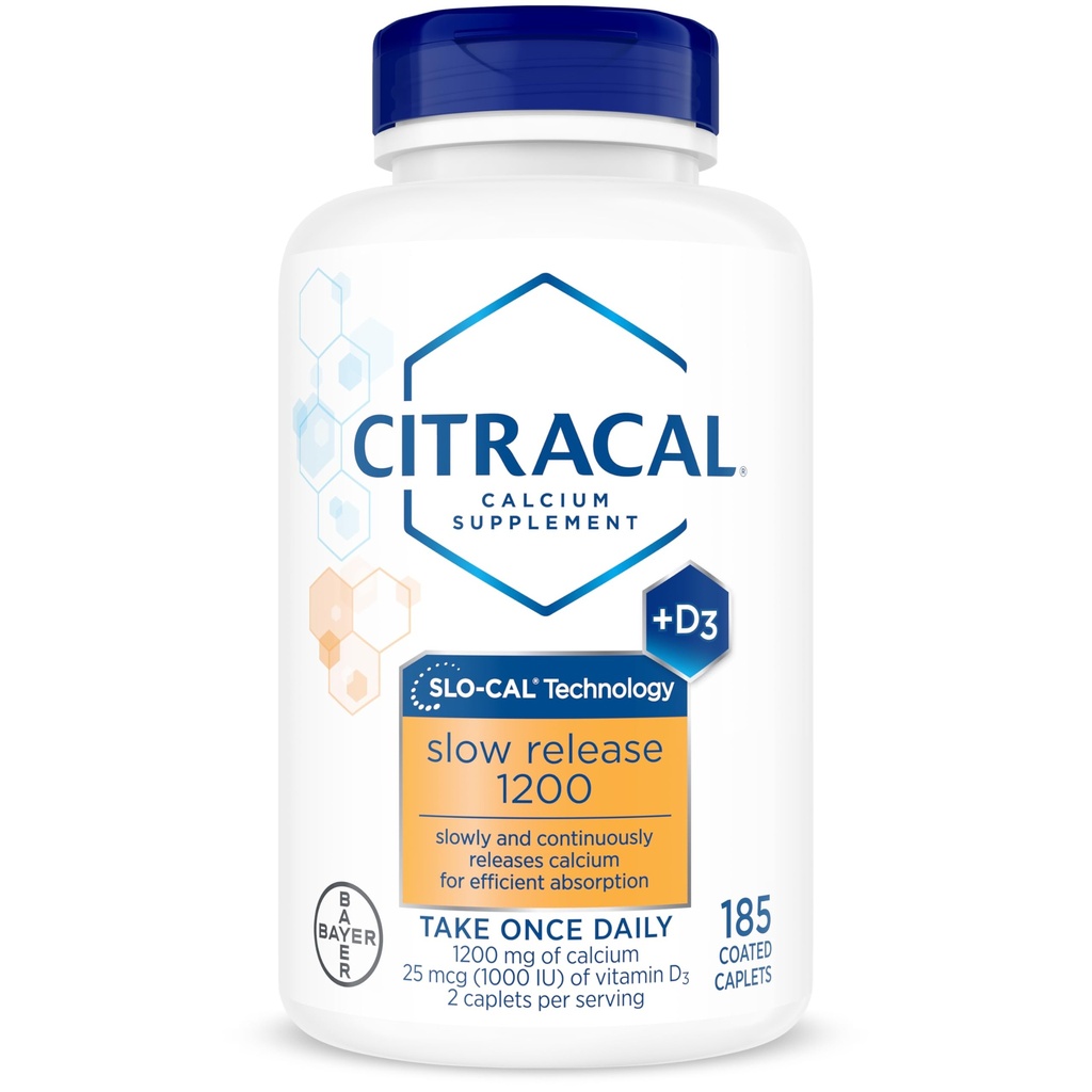 Citracal Slow Release- Calcium 1200 mg with Vitamin D3, Magnesium, Calcium Supplement, Bone Health Support, Take Once Daily Caplet, 185 Count