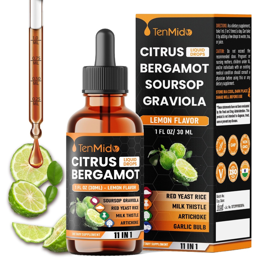 11in1 Citrus Bergamot Liquid Drops with Soursop Graviola, Red Yeast Rice, Artichoke, Milk Thistle, Garlic, Olive, Quercetin, Pine Bark, Ginger, and Black Pepper - 30ml 1 Fl Oz