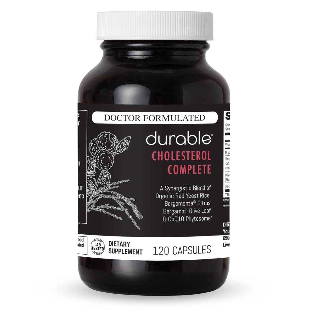 Durable Cholesterol Complete – Organic Red Yeast Rice 1,600 mg + Bergamonte® Citrus Bergamot 1,000 mg + Ubiqsome® CoQ10 + Olive Leaf + Vitamin C – Doctor Formulated, Made in USA (120 Capsules)
