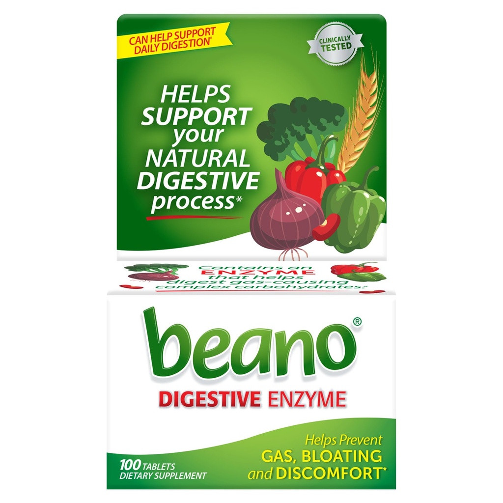 Beano Digestief Enzyme, Preventieve Gas Relief voor Volwassenen, Helpt tegen Gas & Bloating, 100 Tablets