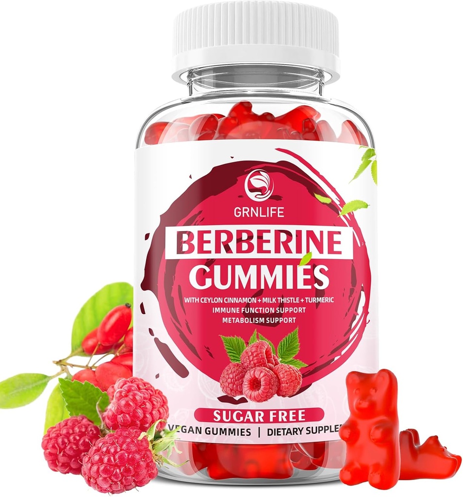 Berberine Gummies met Ceylon Cinnamon 1500mg Hoge Potentie Berberine HCL Supplement voor Immune en Metabolisme Ondersteuning, Suikervrij, Raspberry Flavor - 60 Tellen