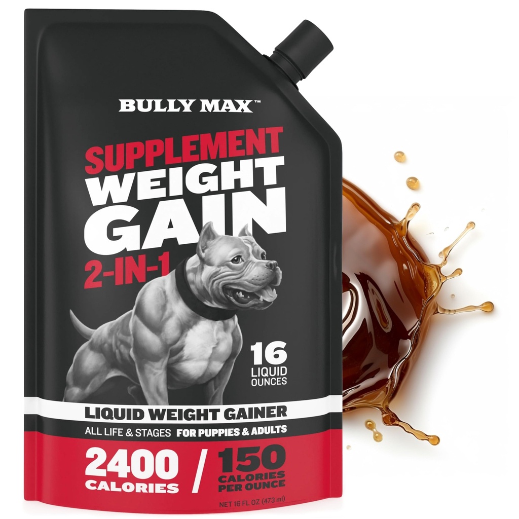 Bully Max Liquid Weight Gainer for Dogs – High Calorie Dog Supplement with Omega-3 & Whey Protein – 2-in-1 Multivitamin for Healthy Weight Gain – for Puppies & Adult Dogs – 16 oz
