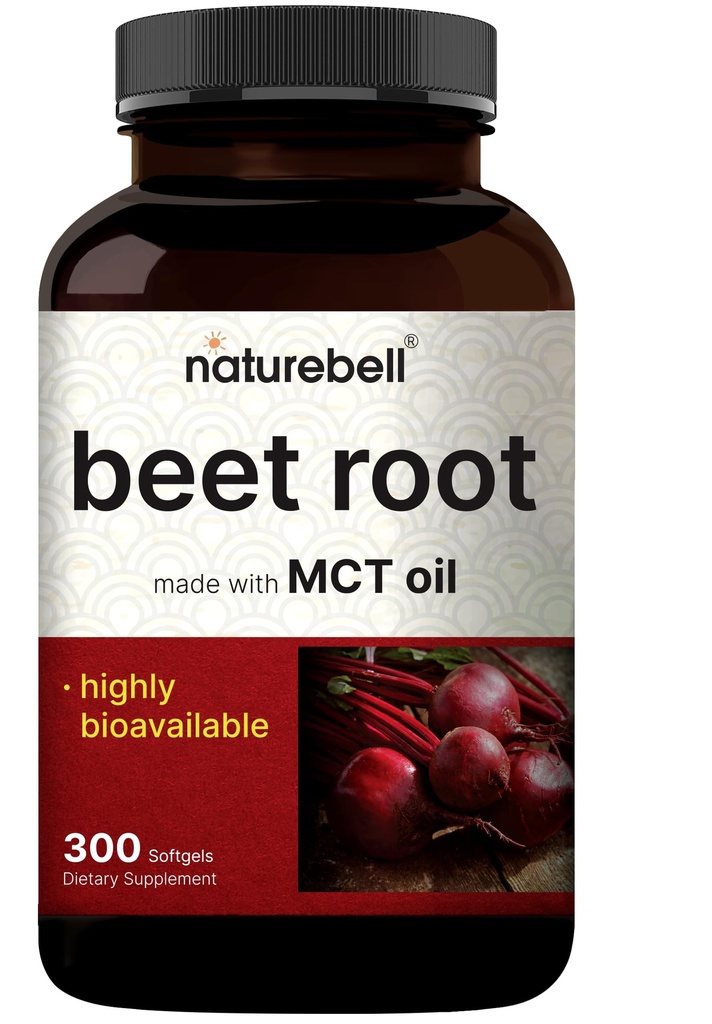 NatureBell Beet Root Extract, 300 Softgels – Max Strength Beet Root Capsules with MCT Oil – High Bioavailability Super Beets Supplement – Fresh Beetroot Extract with Natural Nitrates