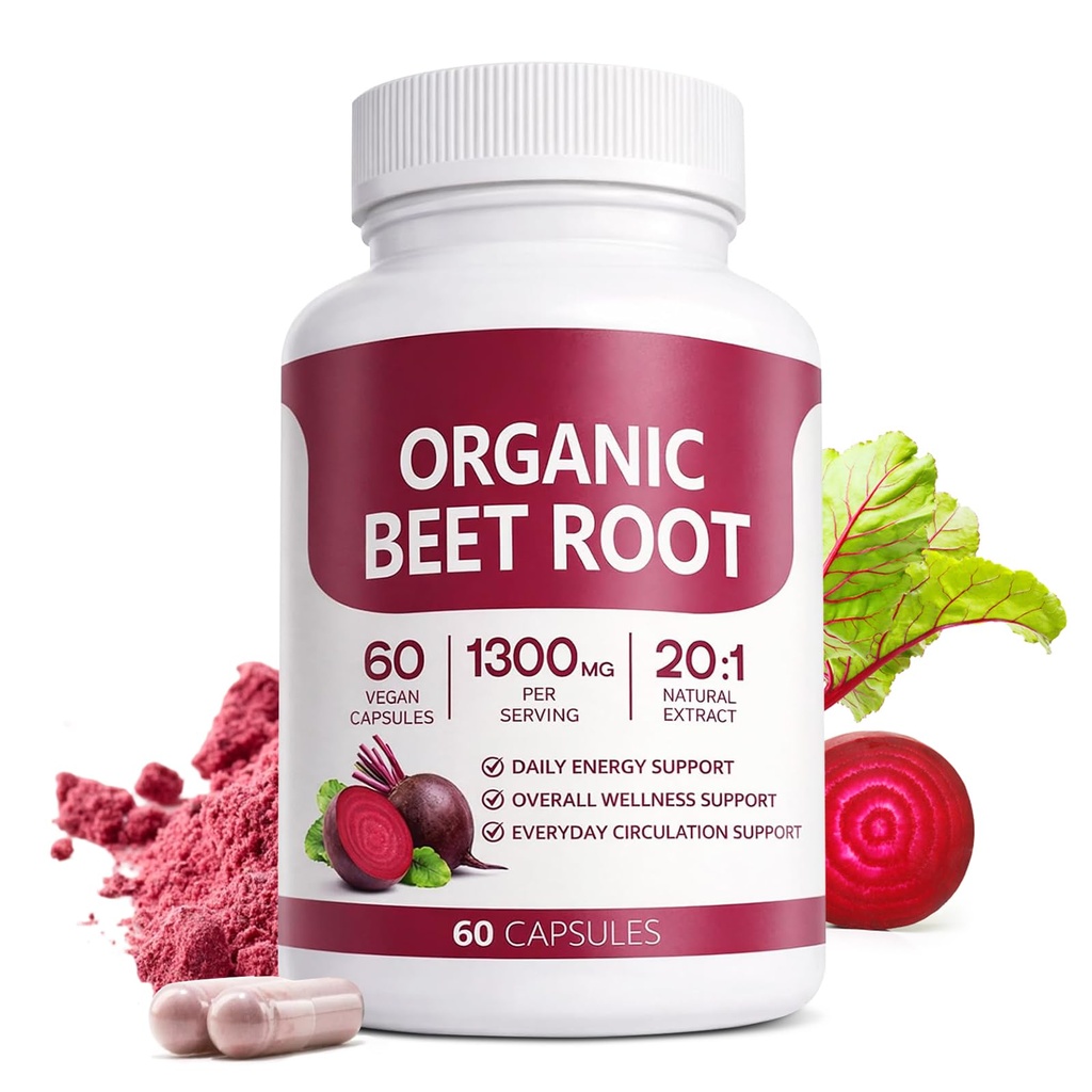 Organic Beet Root Capsules,Purely Natural, Supports Circulatory Wellness, Efficient Oxygen Use, Plant-Based Beet Root Formula, Tablet Form, Daily Use, Non-GMO