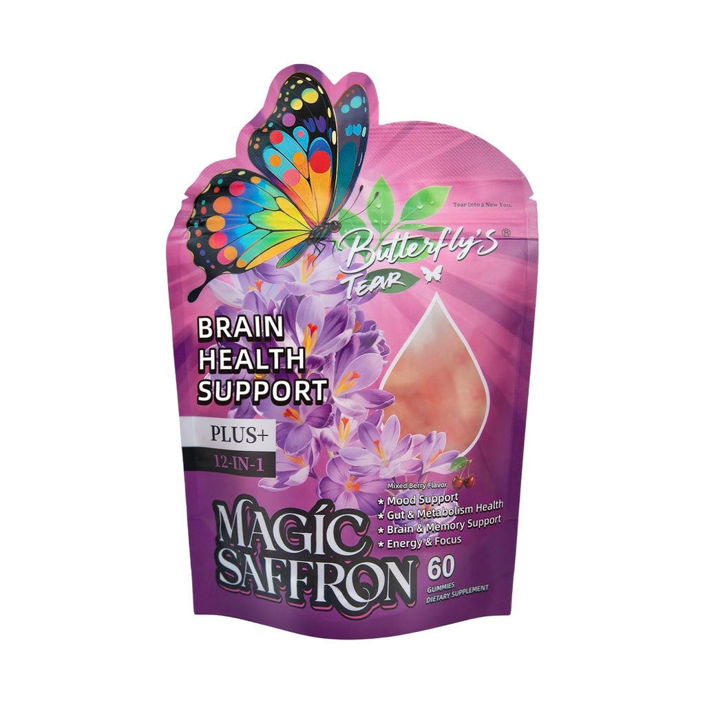 Saffron Gummies for Kids & Adults, 12-in-1 Saffron Supplements with 90mg Saffron Extract,Vitamin C, B6, Magnesium for Calm, Focus, Nerve, Sugar Free, Vegan, Non-GMO - Mixed Berry Flavor, 60 Counts