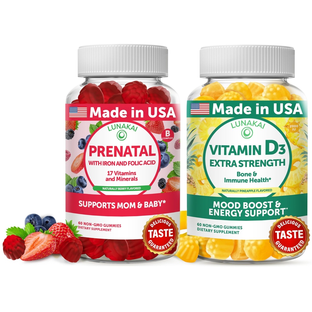 Lunakai Prenatale en vitamine D3 Gummies Bundle - Zwangerschap Multivitamine Gummy met ijzer en foliumzuur - Immuniteit, bot en Mood Ondersteuning Supplement voor volwassenen - 30 dagen levering