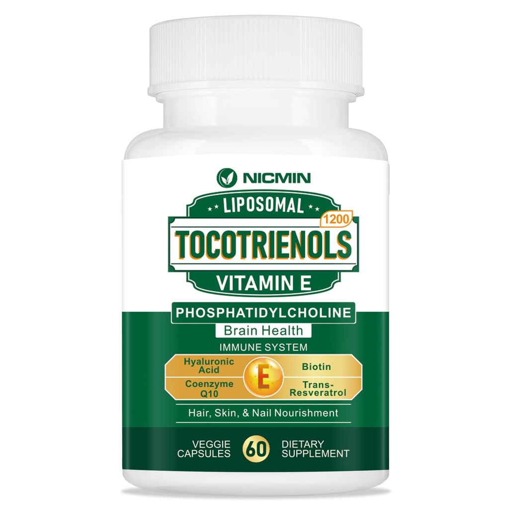 1200MG Vitamine E Tocotrienolen Liposomale Tocotrienolen Supplement met Fosfatidylcholine, 95% Delta-tocotrienolen en 5% Gamma-tocotrienolen, Hoge Absorptie voor Hart, Hersenfunctie 60 Capsules