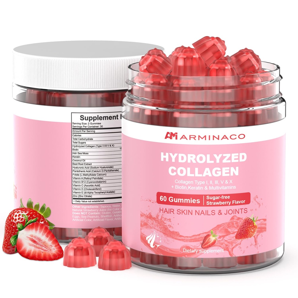 Collagen Gummies for Women – Low Sugar, Strawberry Flavor, Type I II III V X Collagen with Biotin, Vitamin C D B12 Zinc – Hydrolyzed Peptides for Hair Skin Nails Joints – 2 Pack (120 Gummies)