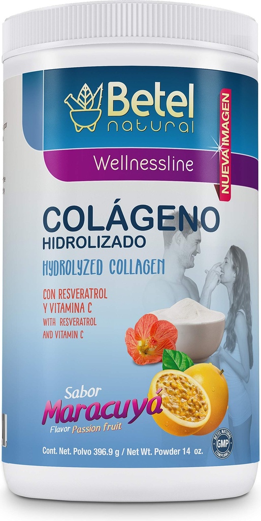 Betel Natural Premium Hydrolyzed Collagen (Colageno) Powder Healthy Skin, Hair, and Nails Support - Maracuya (Passionfruit) Flavor