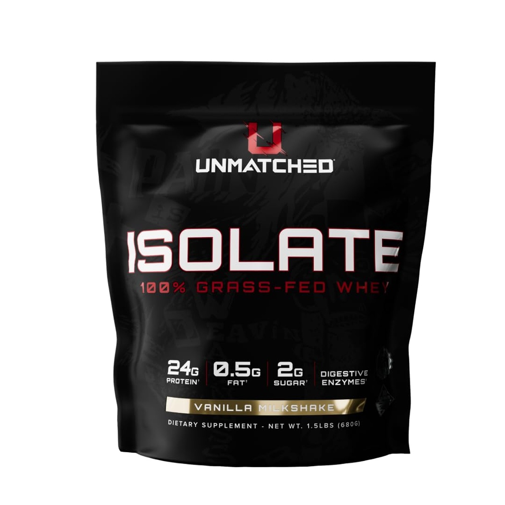 Unmatched Isolate Grass Fed Whey Protein | Muscle Build & Recovery | Gluten & Lactose Free | Natural Flavors & Sweeteners | 24g Protein | 22 Servings (Vanilla Milkshake)