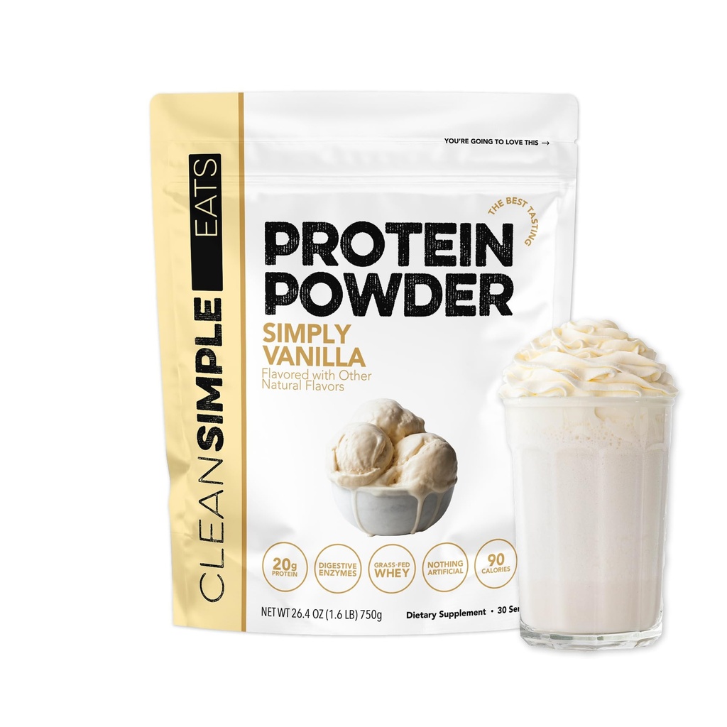 Clean Simple Eats Whey Isolate Protein Powder, Simply Vanilla, Naturally Sweetened, Zero Added Sugar, 20g 100% Grass Fed Protein Powder with Digestive Enzymes, Gluten Free, Non GMO, 30 Servings