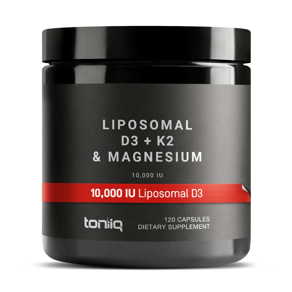 Toniiq 10,000 IU Liposomal Vitamin D3 K2 Magnesium Supplement – 200mcg All-Trans MK-7 & 300mg Liposomal Magnesium Glycinate – with Zinc & Boron – Vegan – Third-Party Tested – 120 Capsules
