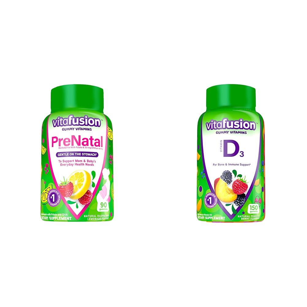 Vitafusion PreNatal Gummy Vitamins & Vitamin D3 Gummy Vitamins for Bone and Immune System Support, Peach, BlackBerry and Strawberry Flavored, 50 mcg Vitamin D, 75 Day Supply, 150 Count