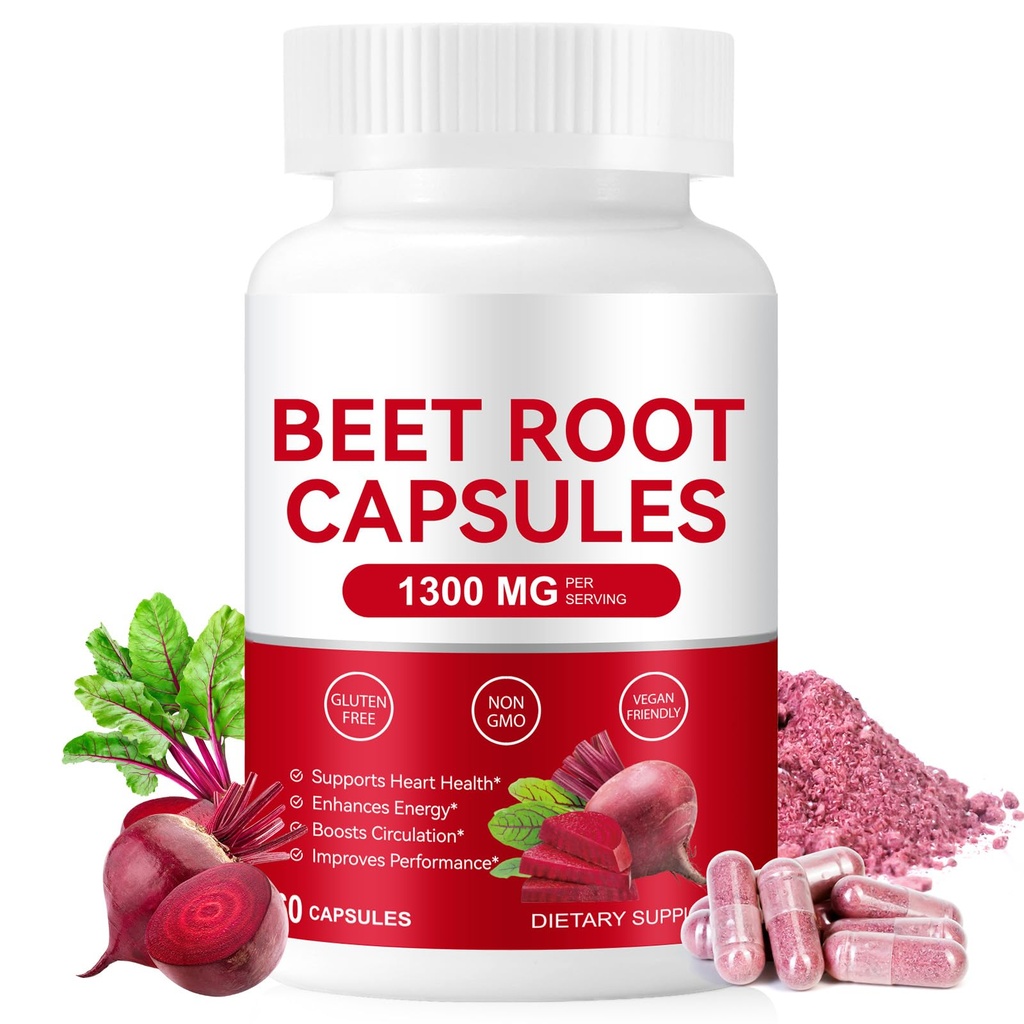 Organic Beet Root Capsules - 1300mg Serving, 60 Capsules - Beetroot Powder for Blood Pressure, Athletic Performance, Digestive Health, Immune Support – Non-GMO & Gluten Free