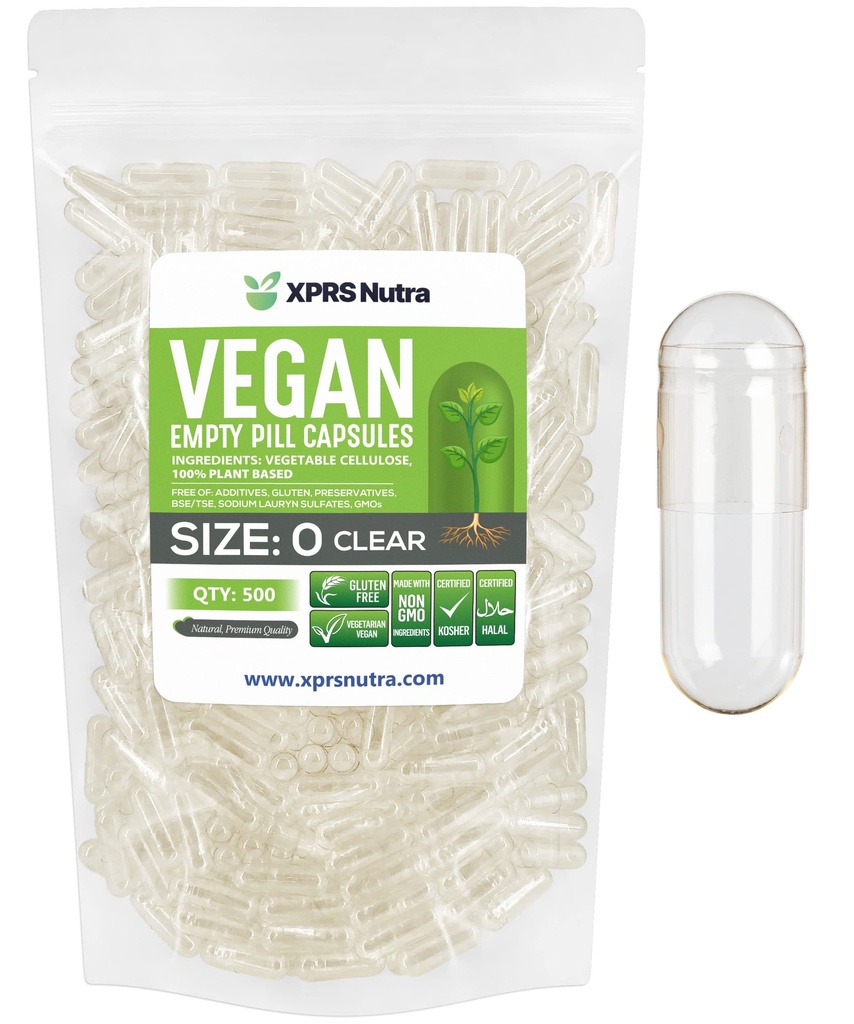 XPRS Nutra Maat 0 Lege capsules - 500 Tel helder Lege Vegan Capsules - Vegetarische pillen - DIY plantaardige Capsules vullen - Veggie pilscaps voor Do-It-Yourself Supplementen