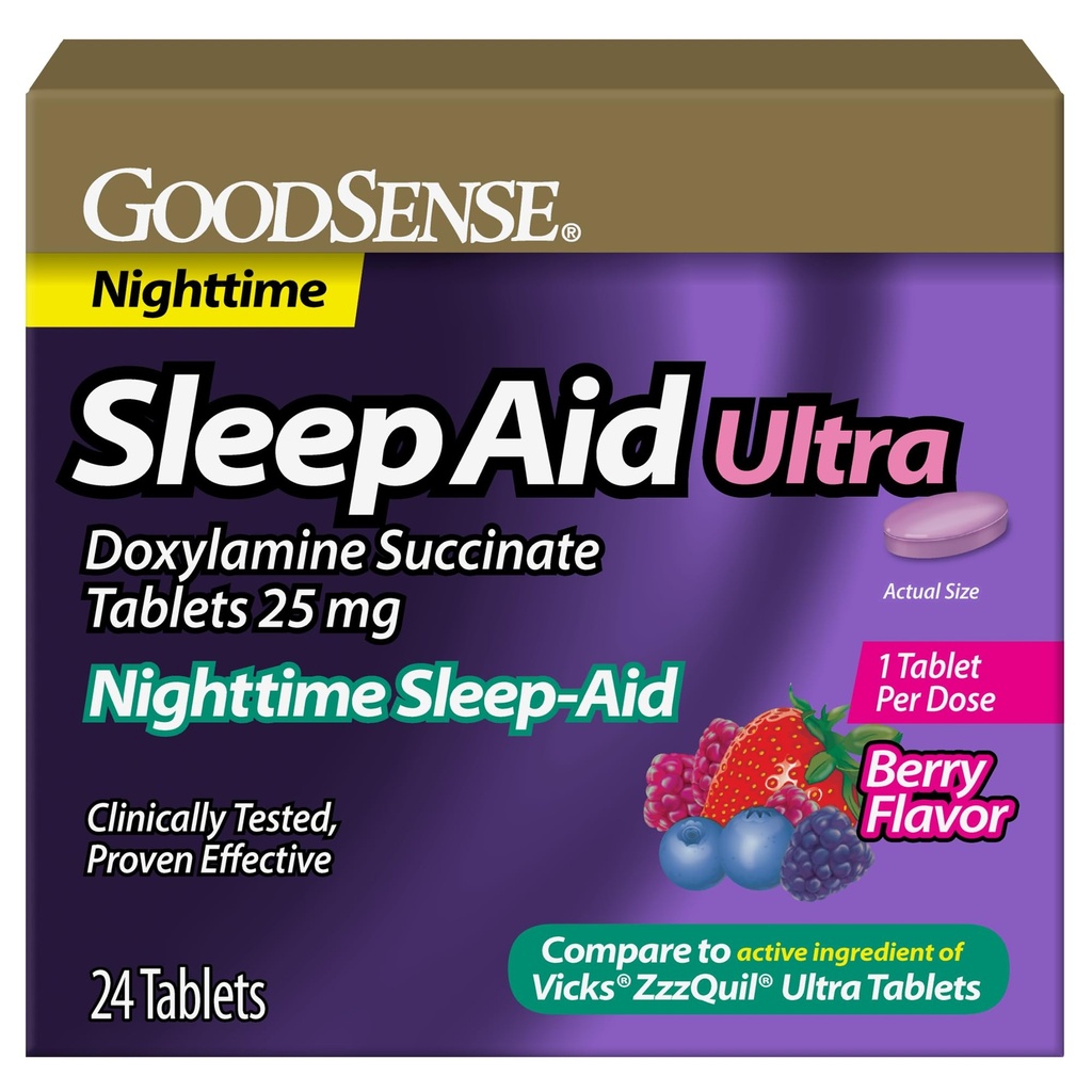 GoodSense Doxylamine Succinate Tablets, 25 mg, Berry Flavored, Night-time Sleep Aid, 24 Count