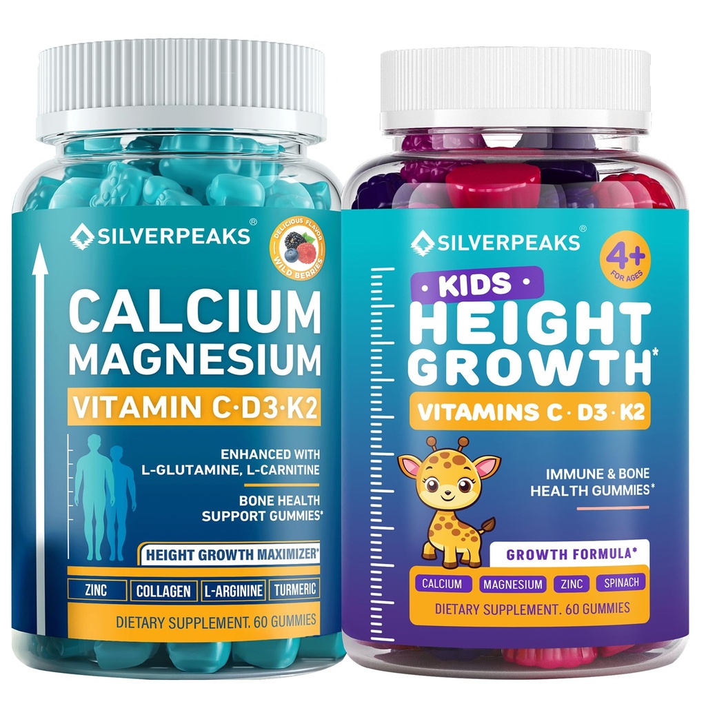 Calcium Magnesium Gummies & Height Growth Gummies for Kids in a Bundle - Calcium, Magnesium, Vitamin D3, K2, C, Zinc & Collagen – Complete Multivitamin for Strong Bones & Growth – 120 Gummies