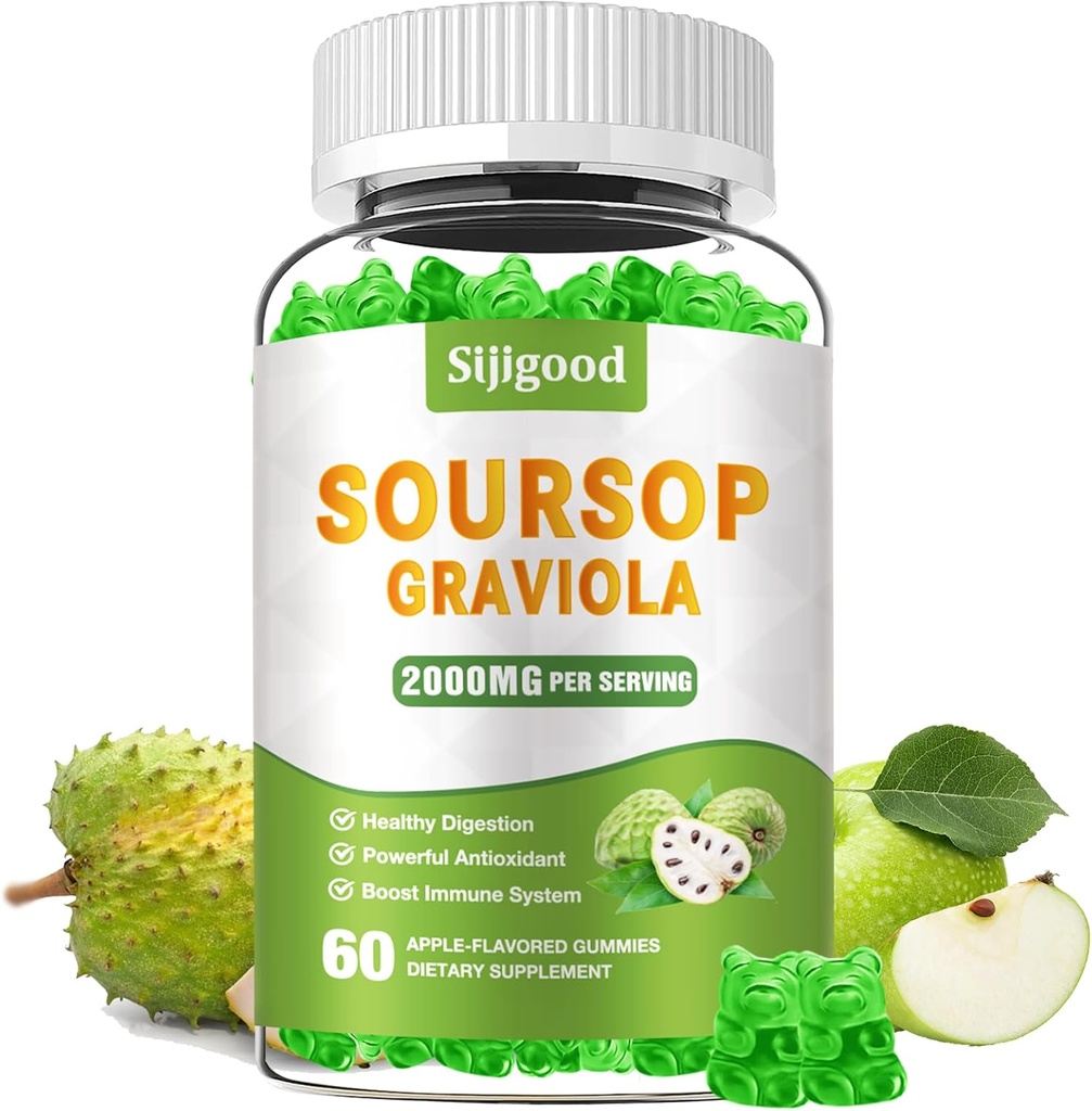 Suikervrije Soursop Graviola Gummies - Biologische Soursop bladeren & fruitextract - Digestieve hulp, Immune Support & Antioxidant Eigenschappen - 60 Apple Flavored Gummies