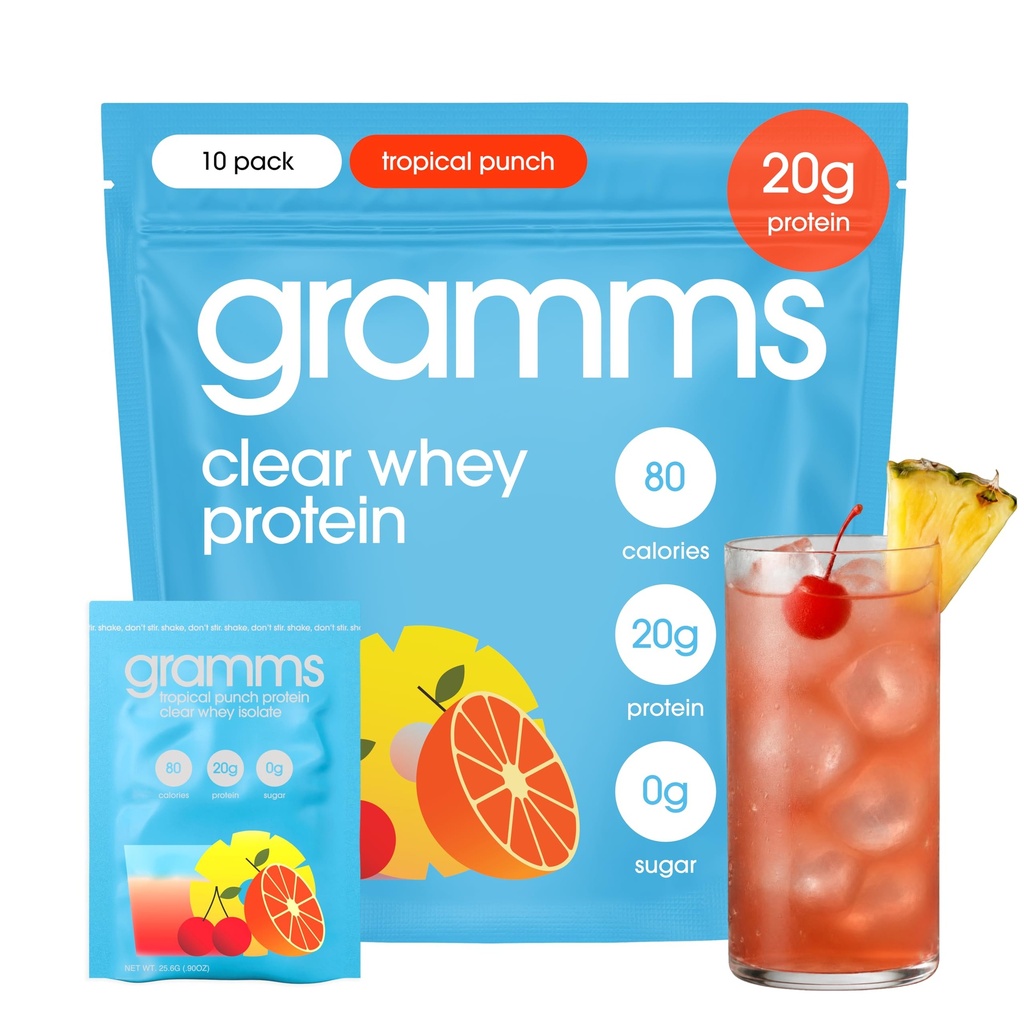 GRAMMS Clear Protein Powder Packets 20G Protein for Women & Men & Lactose Free, Grass-Fed Whey Isolate, Gluten Free, Zero Sugar, Gut Friendly, Non-Bloating (Tropical Punch-10 Servings)
