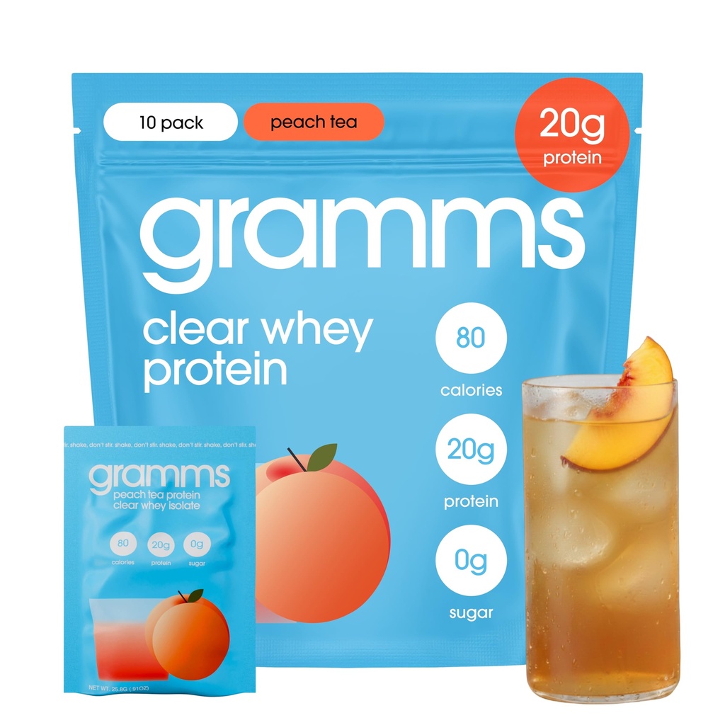 GRAMMS Clear Protein Powder Packets 20G Protein for Women & Men | Lactose Free, Grass-Fed Whey Isolate, Gluten Free, Zero Sugar, Gut Friendly, Non-Bloating (10 Servings) Peach Tea