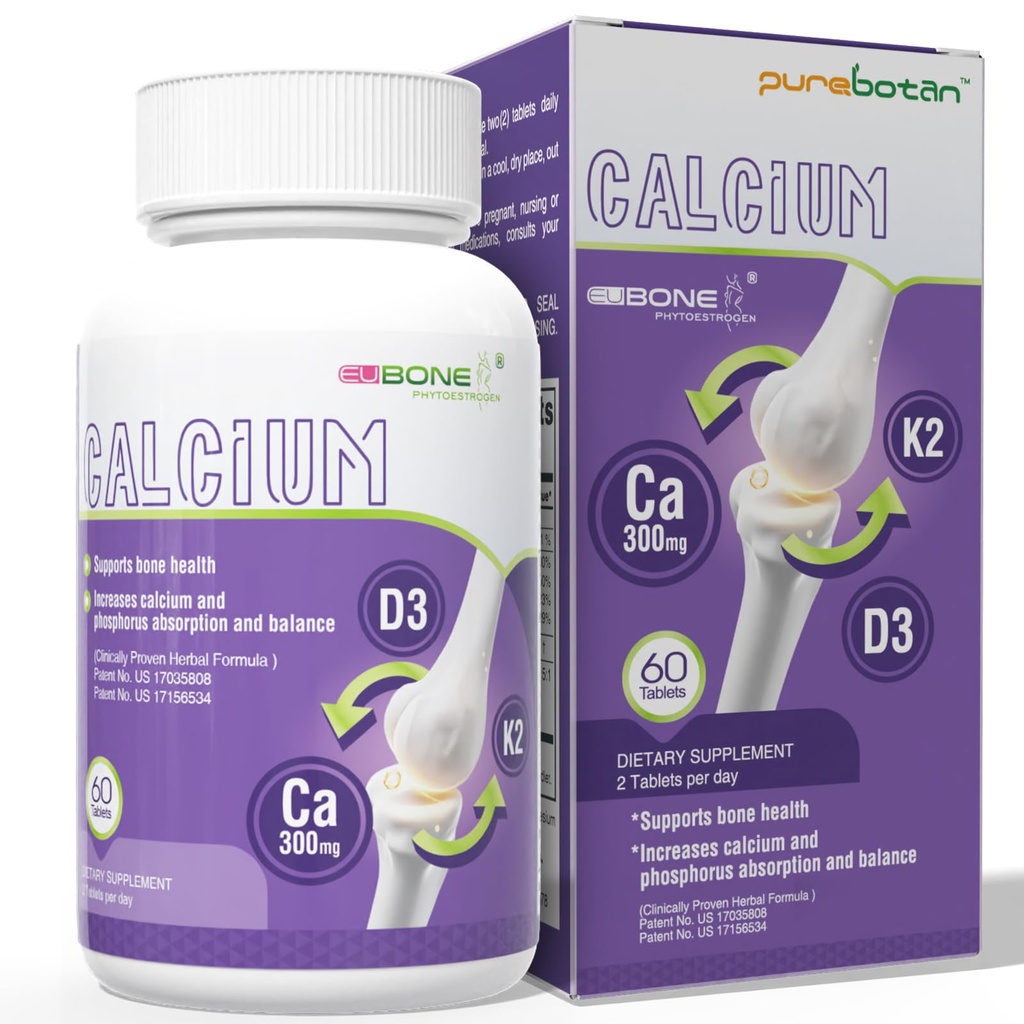 EuBone Bone Health Supplement with Calcium Magnesium Vitamin D3 K2 Supports Bone Density & Strength, Plant-Based, Gluten Free, Tablets, 60 Count
