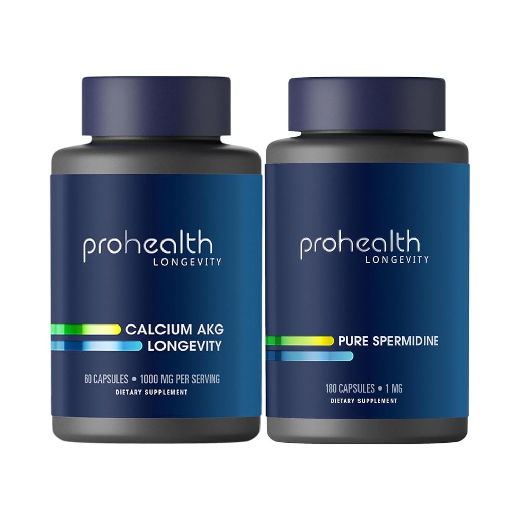 ProHealth Healthy Aging Bundle | Ca AKG Supplement 1,000mg (60 Capsules) + Pure Spermidine Supplement 1mg (180 Veggie Capsules) | Supports Longevity, Metabolic Function, Autophagy & Cellular Health