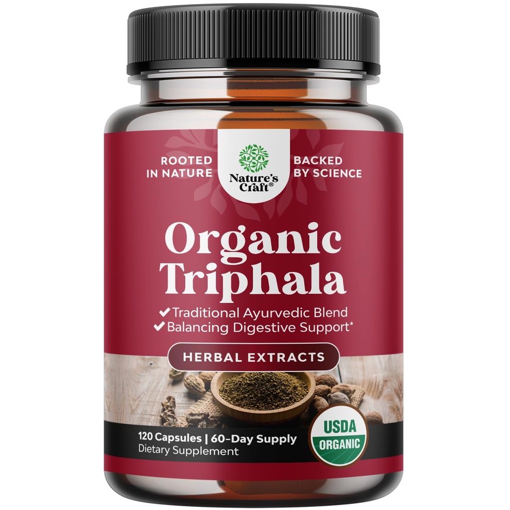Digestive Triphala Capsules Organic Complex - Organic Triphala Colon Cleanser & Detox Digestive Health Supplement - Ayurvedic Complex for Gas Bloating & Constipation Relief for Women & Men 120 count