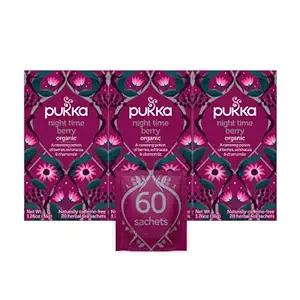 Pukka Biologische Theezakjes, Nachttijd Berry Kruidenthee met kamille, Echinacea en Vlierbes, Perfect voor Wellness overnachten, 20 Tellen (pakket van 3), 60 Theezakjes
