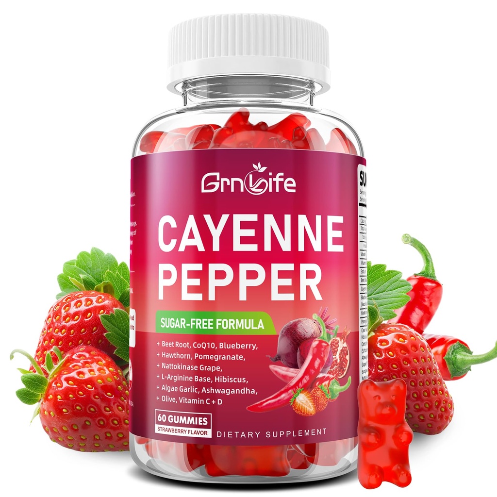 Cayenne Pepper Beet Root Gummies, with Beetroot Garlic CoQ10 Hawthorn Berry Grape Seed Extract Olive Leaf Nattokinase Hibiscus Vitamin D Nitric Oxide and Others, Support Overall Wellness, 60 Count