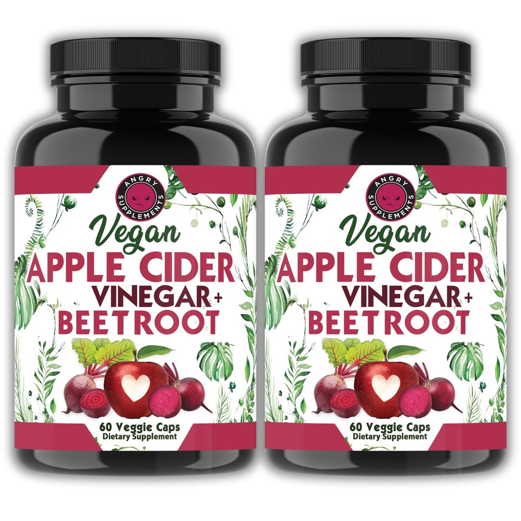 Angry Supplements Vegan Apple Cider Vinegar + Beet Root Veggie Capsules for Men and Women– 500mg Apple Cider Vinegar & 500mg Beet Root per Serving (2-pack/120ct)