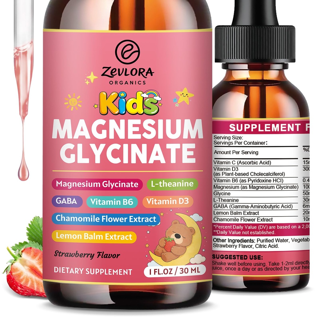 Magnesium Glycinate Drops for Kids - 200mg Magnesium Glycinate Liquid Supplement with L-Theanine, GABA, B6, D3, Chamomile - Relaxation & Cognition Support - Strawberry Flavor - 1 Fl Oz