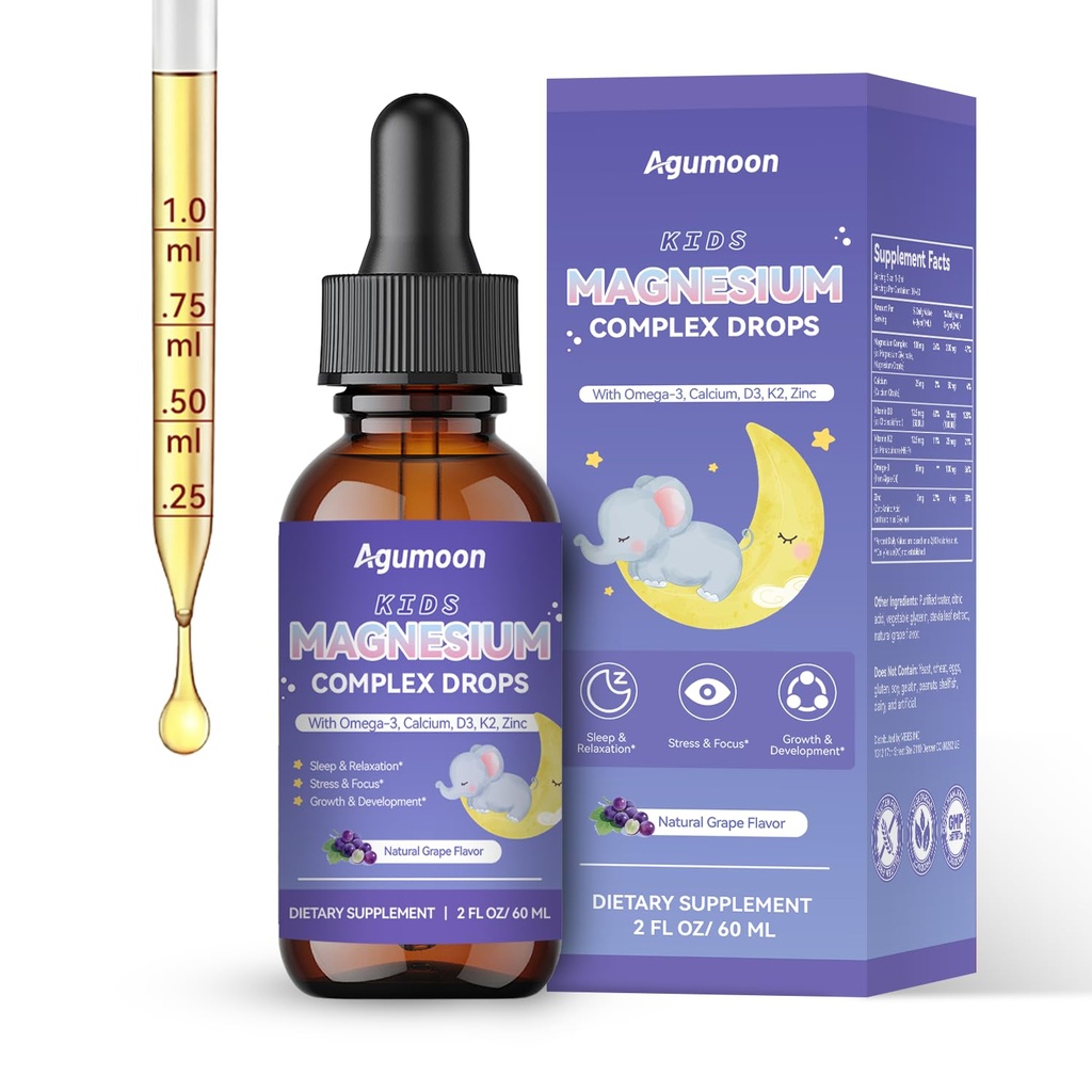 Magnesium Complex Liquid for Kids, Magnesium Glycinate & Citrate, with Calcium, Omega-3, Vitamin D3 & K2, Zinc - Kids Liquid Drops for Sleep, Relaxation, Focus, Bones - Grape Flavor, 2 Fl Oz