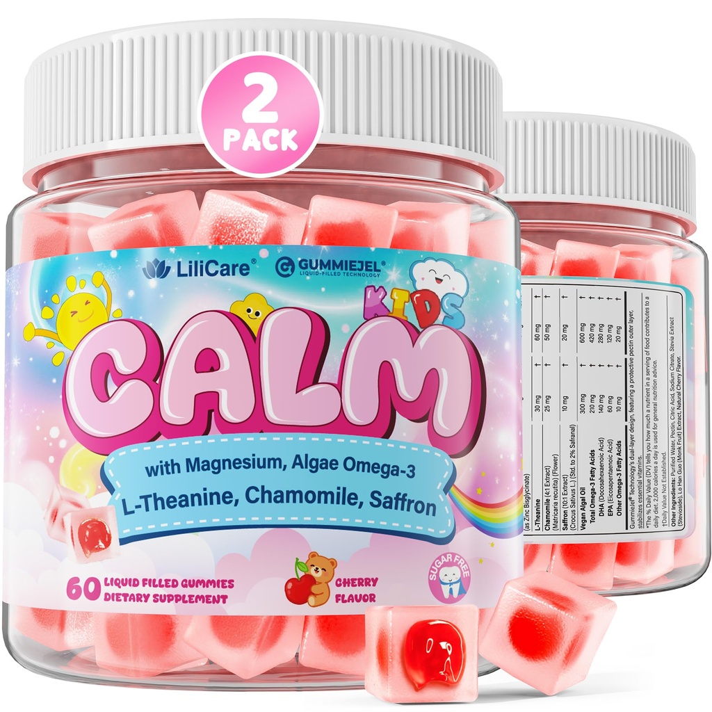 Kids Calm Gummies Magnesium Bisglycinate Omega 3 for Kids Ages 4+ with No Melatonin - Magnesium Supplement Natural Calming Focus Gummies with L-theanine, Chamomile & Saffron, Sugar Free, Vegan, 120ct