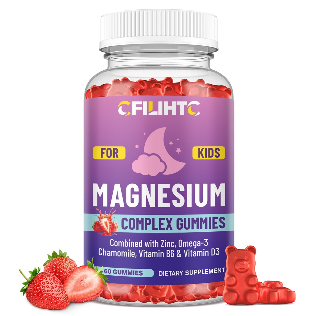 Kids Magnesium Gummies-Magnesium Glycinate Gummies for Kids Supplement-w/Zinc, Chamomile, Omega-3, Vitamin B6, D3 - for Sleep, Relaxation, Brain, Bones, Children's Calm, Sugar Free Strawberry 60ct