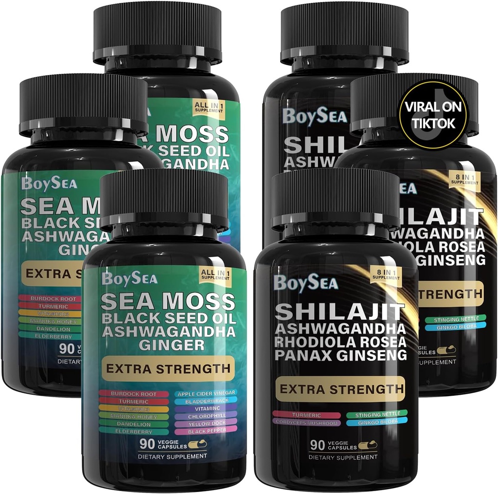 Boysea. Shilajit and Sea Moss Bundle- 90 Count - Sea Moss, Black Seed Oil, Ashwagandha, Ginger & Shilajit, Rhodiola Rosea, All in 1 Supplementen (3 Pc)