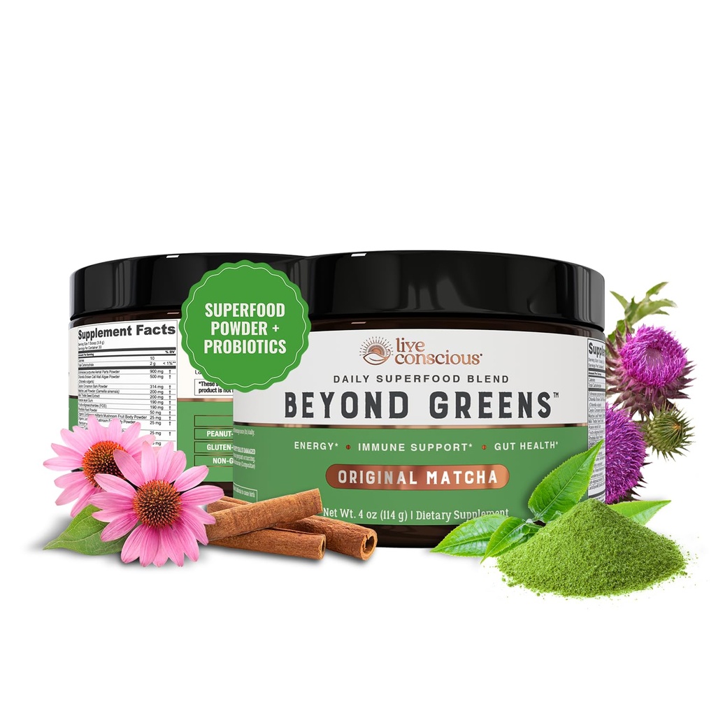 Live Conscious Beyond Greens Superfood Powder - Delicious Debloating Super Greens Powder - Matcha Greens Blend w/Chlorella, Echinacea, Probiotics for Immune Support & Energy
