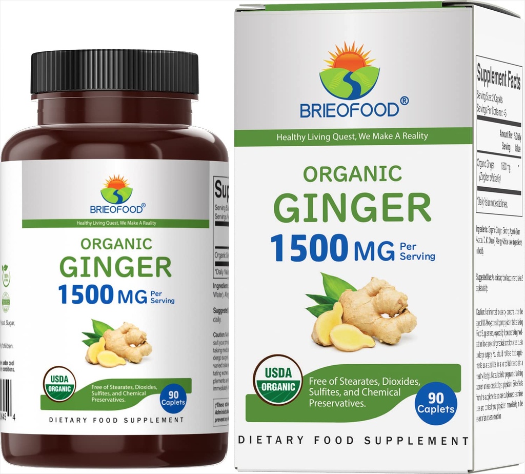 Brieofood Biologische Ginger 1500mg, 45 porties, Vegetarisch, Glutenvrij, 90 Vegetarische tabletten
