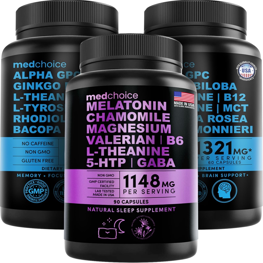 MEDCHOICE Slaap Melatonine (90ct) en Nootrope Hersenen (120ct) Supplement Bundle - Wellness Duo voor Slaap, Hersenen, Focus, & Mood Support - Veganistisch, Niet-GMO, Glutenvrij