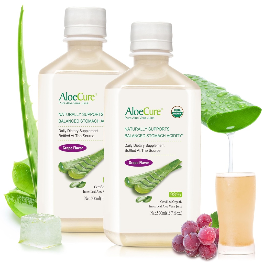 AloëCure USDA Biologische Aloë Vera Sap Grape Flavor, Made within 12 Hours of Harvest - Pure Aloë Vera Digestieve & Immune Health Supplement, helpt bij het handhaven van evenwichtige maagzuur, 16.7oz x 2 Btls