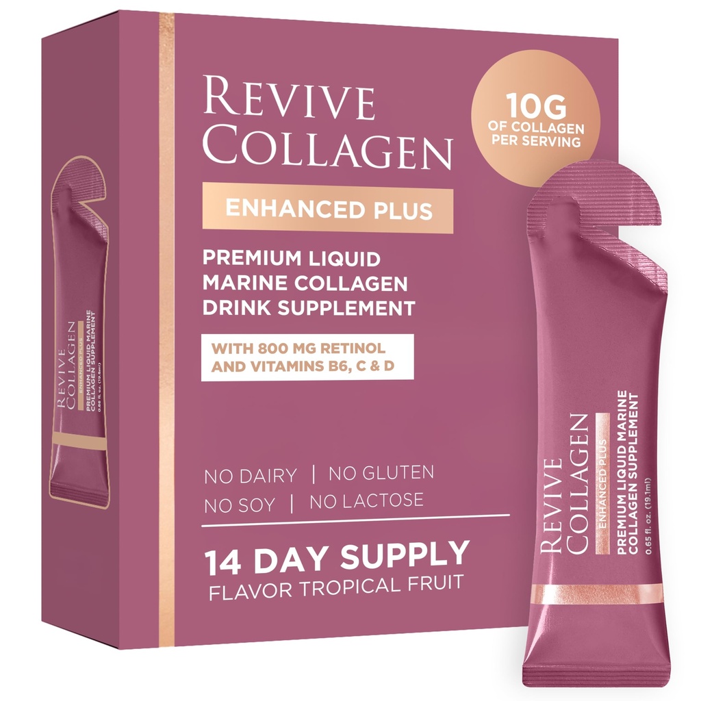 Revive Collagen Enhanced Plus Premium Liquid Marine Collagen Drink Supplement – 22 Fluid Ounces, Tropical Flavor, 10,000mg of Collagen per Shot, 14 Servings, Liquid Collagen for Women and Men