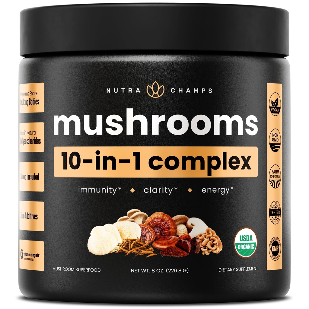 NutraChamps Biologische Paddestoel Poeder - 10-in-1 Complex - Paddestoel Supplement Poeder Mengen voor Geheugen, Focus en Immune Ondersteuning - 8oz (8.0 OZ, Paddestoel Blend)