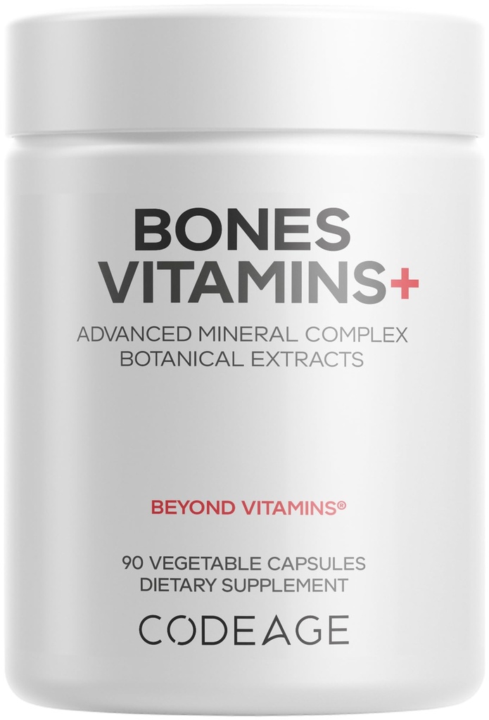 Codeage Bones Vitamins+ - Vitamin D3 & K2, Vitamin C, Calcium, Magnesium, Zinc, Hesperidin, L-Lysine, Manganese, Bamboo, Horsetail, Cissus, Boron, Trans-Resveratrol, Non-GMO Supplement - 90 Capsules