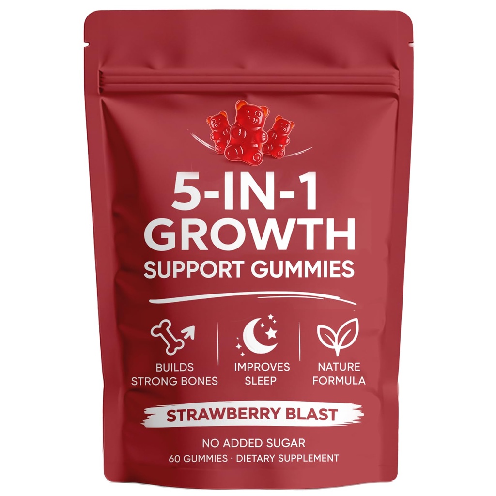 5 in 1 Growth Gummies, Growth Gummies with Vitamin D3 & K2, Calcium, Ashwagandha, Spirulina, for Bone Health & Daily Vitality Support, Strawberry Flavor, Non-GMO, 60 Gummies