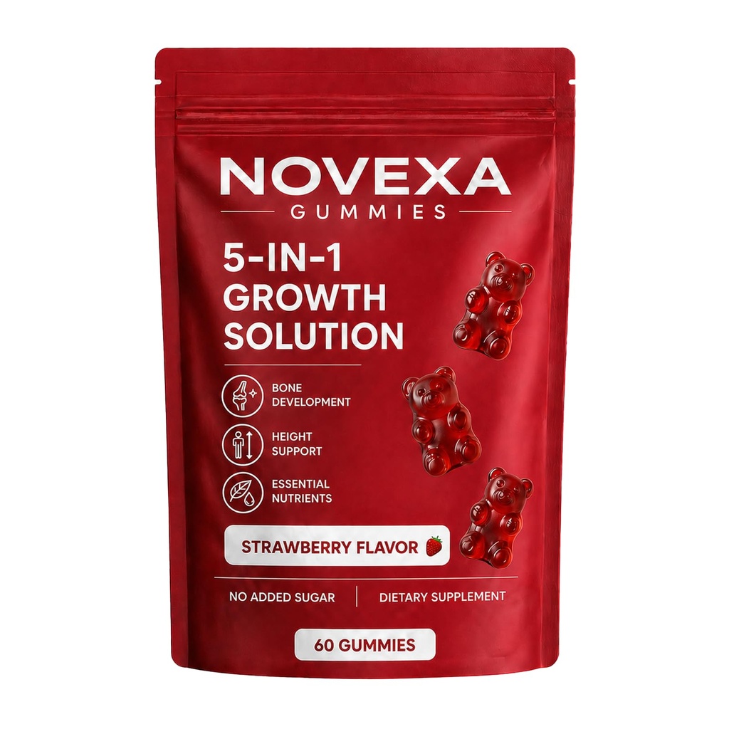 Novexa Growth Gummies, Novexa 5 in 1 Growth Gummies, with Vitamin D3 & K2,Calcium, Ashwagandha, Spirulina, for Bone Health & Daily Vitality Support, Non-GMO, Strawberry Flavor, 60 Count